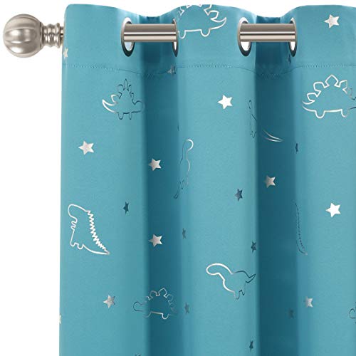 Lordtex BC-KID-4263-TEAL Dinosaur And Star Foil Print Blackout Curtains For Kids Room - Thermal Insulated Curtains Noise Reducing Window Drapes For Boys And Girls Bedroom, 42 X 63 Inch, Teal, Set Of 2 Panels cover