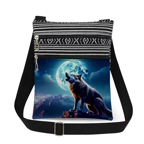 Moon Wolf Print Women Messenger Bag Adjustable Shoulder Strap for Outdoor Adventurer Crossbody Bag Daily Use Crossbody Purse Holiday Gift Birthday Present ​​for Adult Friend Wolf Lover