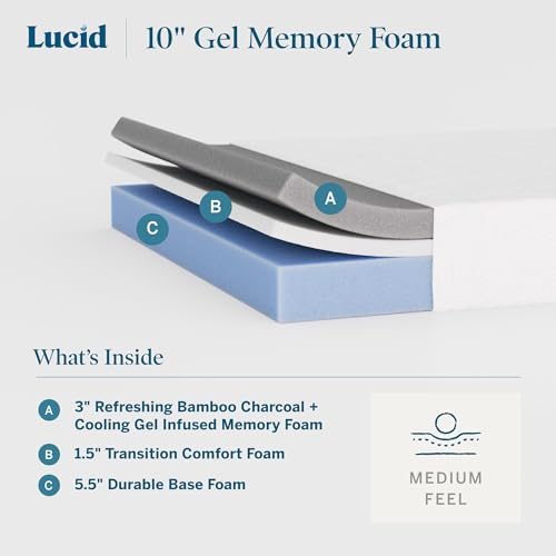 Lucid 10 Inch Memory Foam Mattress - Medium Feel - Infused with Refreshing Bamboo Charcoal and Cooling Gel - Bed in a Box - Temperature Regulating - Pressure Relief - Breathable - Queen Size - Thumbnail 5