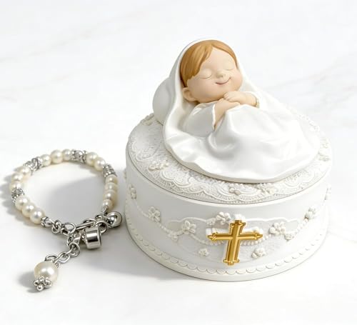 Cadeaux de baptême pour fille ou garçon – Coffret cadeau de baptême 3 en 1 avec boîte à bijoux en forme de croix, figurine de bébé et bracelet croix...