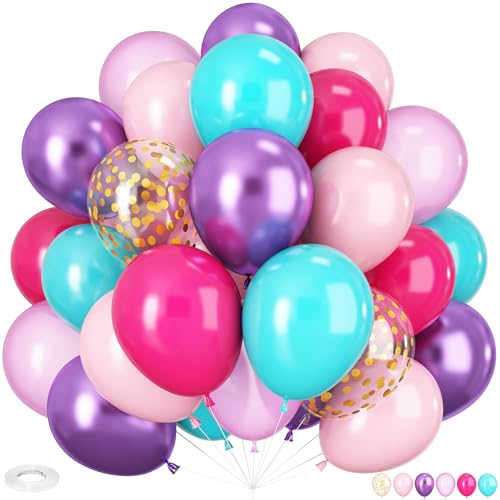 Image of HILAVO Pink and Purple Balloons, 60PCS 12Inch Purple Pink Teal Blue Balloons and Gold Birthday Balloon for Girls Princess Birthday Mermaid Baby Shower Party Decorations