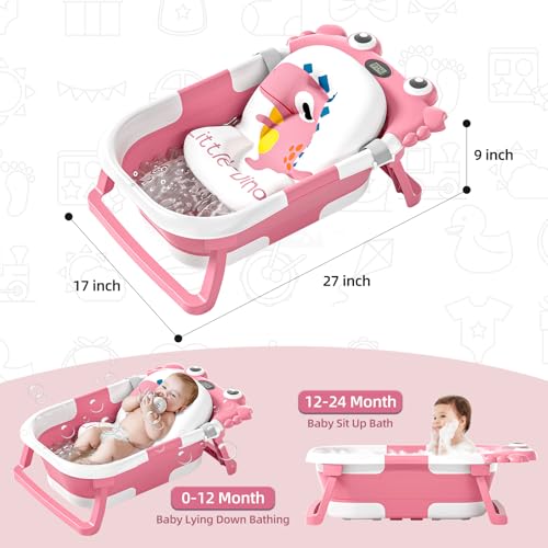 Foldable Baby Bathtub with Temperature Monitor for Newborns to Toddlers, Portable Travel Tub for 0-36 Months - Pink