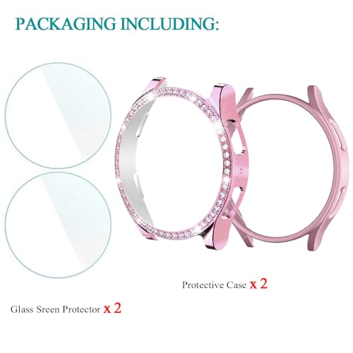 DEALELE [2+2 PACK] Tempered Glass Case Compatible with Samsung Galaxy Watch 7 40mm, Bling Diamond + PC Matte Protective Case Cover + Tempered Glass Screen Protector, Pink + Pink - Image 6