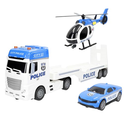 ColorBaby 39050 Speed & Go Camión Porta vehículos policía, Incluye Coche y helicóptero, con Luces y Sonidos, Rampa Manual, Sistema de fricción, Escala 1:12, Coches para niños a Partir de 3 años