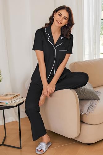 Image of Ekouaer Womens Pajamas Set Print PJs Soft Button Down Sleepwear Short Sleeve Nightwear with Long Pants Deep Black XXL