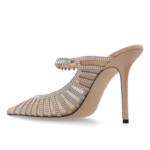 FYS Women's Pointed Toe Slip on Mules Rhinestone Studded Stiletto High Heel Sandals Shining Sexy Party Evening Shoes Size 4-16 US3
