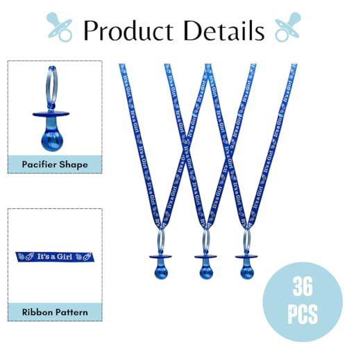Image of Lassos Boutique 36 Pieces It's a Girl Baby Shower Pacifiers Necklace Acrylic Baby Party Favors Charm Pacifiers Necklace Baby Shower Party Decorations Table Scatter (Royal Blue)