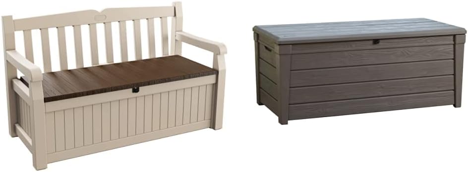 Keter Eden Bench Beige and Brown, 140 x 60 x 84 cm & Brightwood Outdoor Storage Box Garden Furniture, 145 x 69.7 x 60.3 cm - Brown