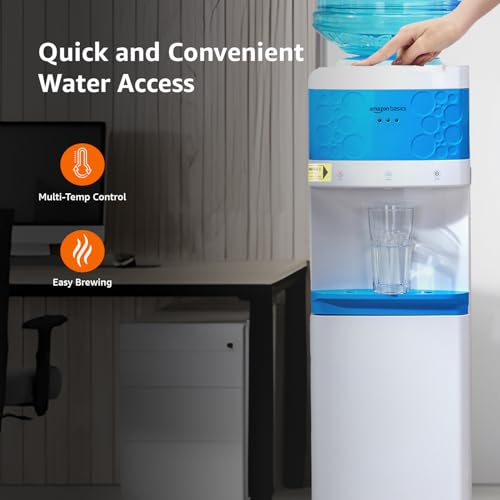 Image of amazon basics Hot and Cold Floor Standing Water Dispenser, Top Loading, 20Litre White & Blue Deco