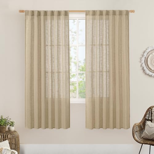LAMIT Brown Linen Boho Curtains 68 inch Length 2 Panels, Light Filtering Semi Sheer Panels Back Tab and Rod Pocket Neutral Drapes for Bedroom/Living Room, 52 x 68 Inch