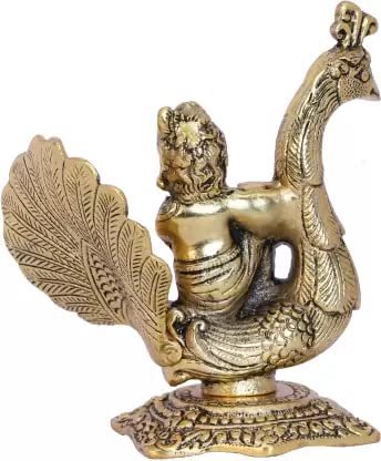 Image of KridayKraft Lord Krishna Sitting on Peacock Metal Statue Krishna Idol Playing Flute Decorative Showpiece - 15 cm (Aluminium, Gold)