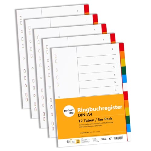 perfect line Plastic File dividers A4, Folder dividers for Lever Arch Files 12-piece, Set of 5, PP Synthetic, Made in Germany