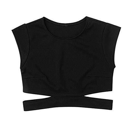 QinCiao Girls Cap Sleeve Gymnastics Active Ballet Dance Crop Tank Top Athletic Tee Shirts for Workout Sports Yoga Black 14