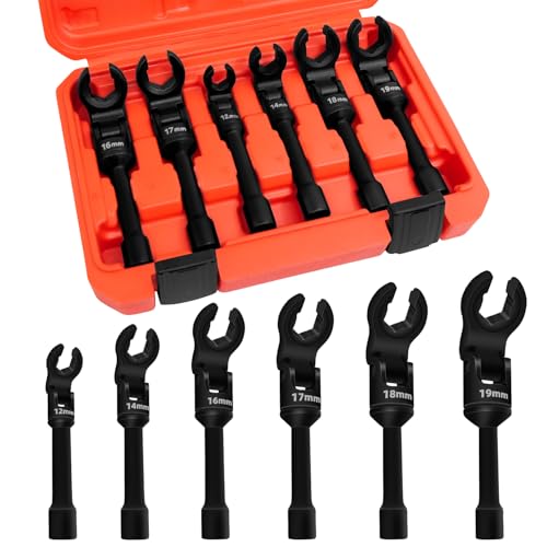 JEUCLEL 6PCS 3/8 Drive Long Flex Head Injector Fuel Line Socket Wrench Set Crowfoot Flare Nut Socket Wrench Metric 12mm 14mm 16mm 17mm 18mm 19mm Hydraulic Lines Nuts Bolts Hand Removal Tool