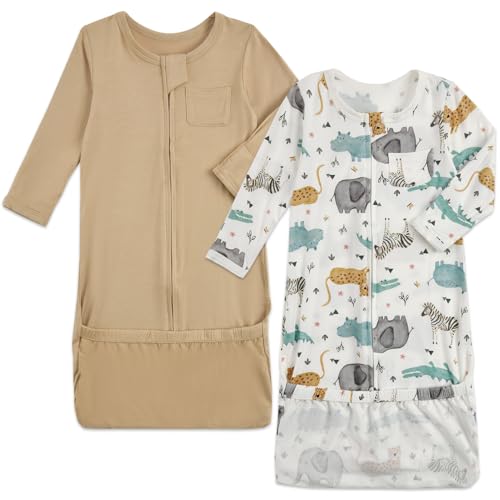 Image of Aablexema Baby Nightgowns Rayon of Bamboo, 2Pcs Newborn Sleeper Gown with 2-way Zipper, Flip Mittens & Foot Cover