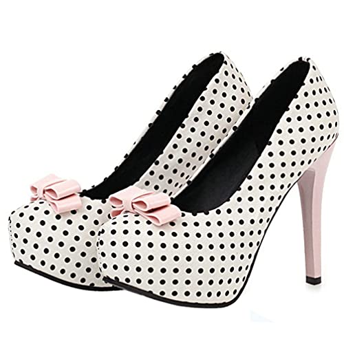 KOKOMOMO Womens Polka Dot High Heels Round Toe Platform Stiletto Pumps with Bows