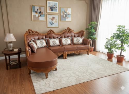 Image of Wooden L Shape Sofa Set, 7 Seater, Solid Wood Hand-Carved with Rexine Upholstery, Modern Corner Design Furniture for Living Room, Home, Office