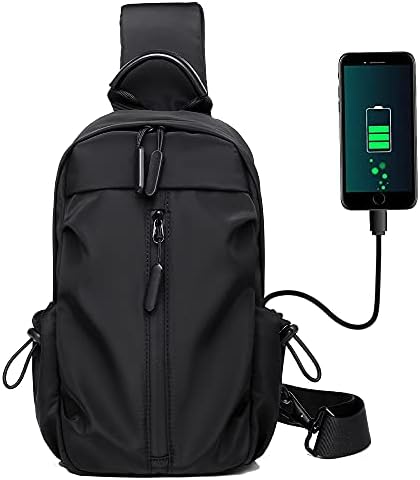 Sling Bag Crossbody Backpack Shoulder Bag for Men Women, Lightweight Adjustable Strap Backpack Sling Backpack for Hiking Walking Biking Travel Cycling USB Charger Port (Medium-Black)