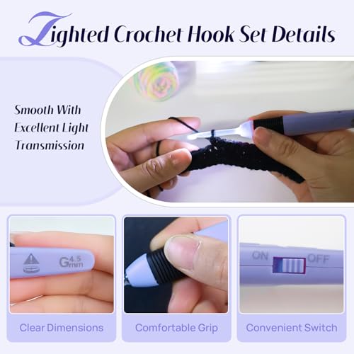 Image of Lewhoo 3 Size Lighted Crochet Hook Set, Illuminated Crochet Hooks with Replacement Battery, Led Set with Case for Crocheters 4.0mm, 5.0mm, 6.0mm