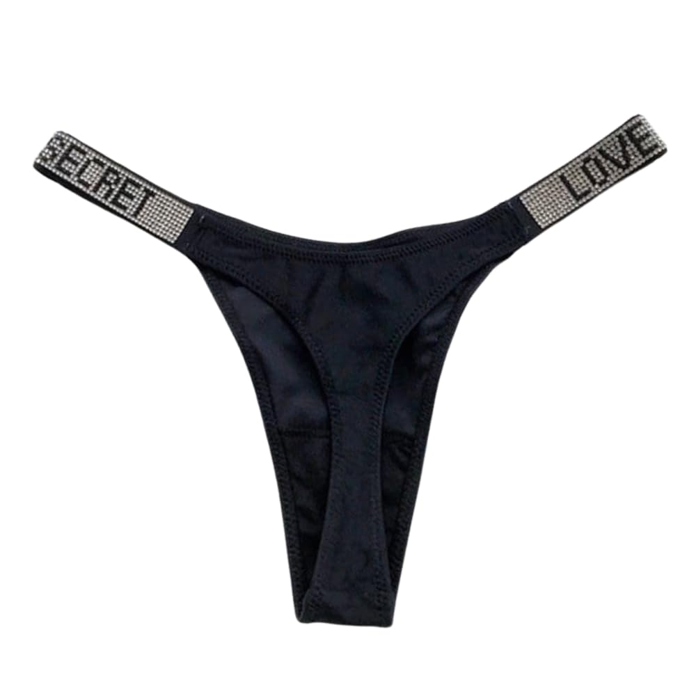 POGSTER Women's Mid-Rise Thong Underwear with Rhinestone Strap, Black (UK, Alpha, L, Regular, Regular, Black)