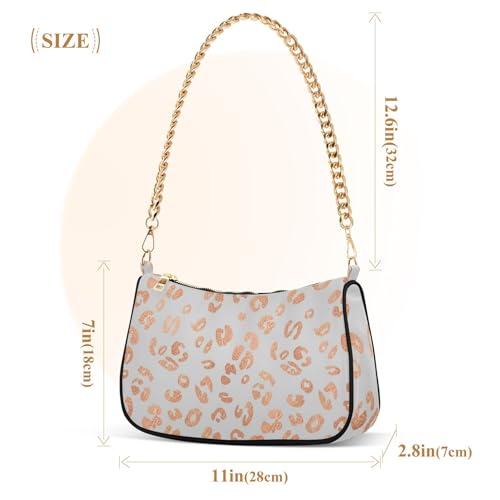 Rose Gold Leopard Spots White Tote Handbag Womens Aesthetic Shoulder Bag Hobo Clutch Purse Zipper Closure Chain Strap3