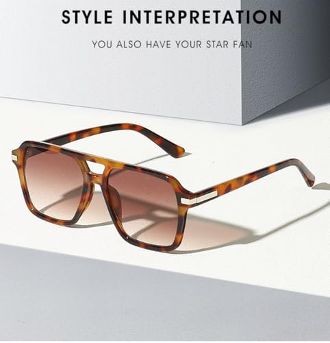 Image of Retro Square Aviator Sunglasses Women Men 70s Vintage Aviator Sun Glasses Plastic Frame Trendy Shades (Tortoise Gradient Grey), Large
