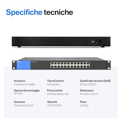 LGS124-EU Switch di rete Gigabit non gestito a 24 porte, hub Ethernet per casa e ufficio con chassis in metallo, montaggio a parete o su scrivania, sdoppiatore Ethernet, plug-and-play - Powerline - Immagine 5