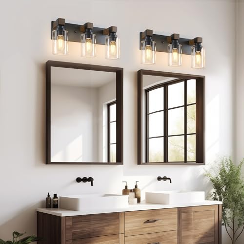 Image of Farmhouse Bathroom Vanity Light Fixtures, Rustic 3-Light Wood Vanity Lights for Bathroom, Vintage Black Wall Sconces Lighting, Light fixtures Over Mirror, with Glass Shade