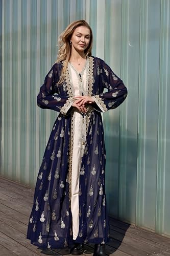 Image of HUSN Embroidered Two-Piece Abaya Set Long Cardigan with Gold Embroidery with Plus Size Inner Slip Kaftan for Eid