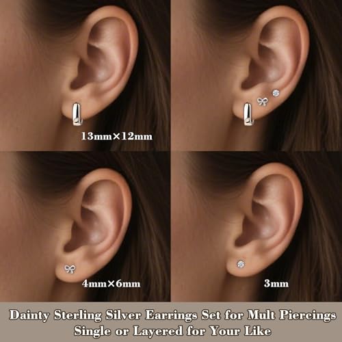 3 Pairs 925 Sterling Silver Earrings for Women, Simple 14K Gold Plated Bow CZ Stud Earring Square Huggie Hoop Earring Set, Cute Small Gold Stacked Earrings for Women Minimalists, Pack of 3 Pairs4