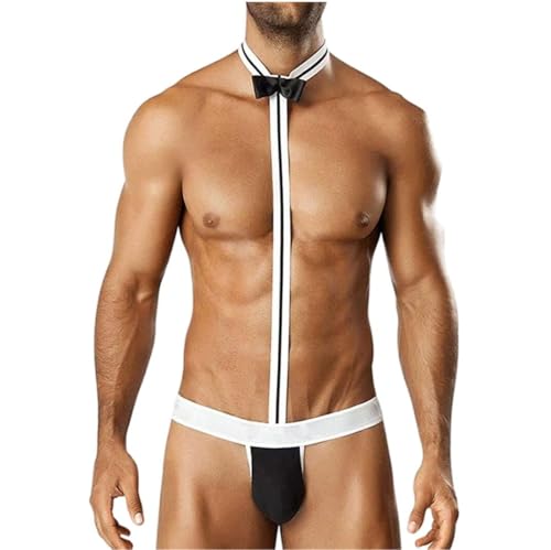 Men's Waiter Underwear with Bow Tie Thong G-String Beach Swimwear Outfit with Stretchy Straps Partydress