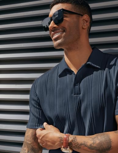 PJ PAUL JONES Mens Textured Knit Polo Shirts Regular Fit Stretchy Golf Shirts3