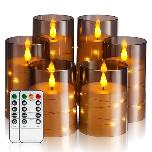 Image of Amagic Grey Battery Operated Candles with Embedded Fairy Lights, Acrylic Fake Pillar LED Flameless Candles with Remote and Timer for Wedding Home Decor, Set of 6, D3 x H4 5 inch 6 inch