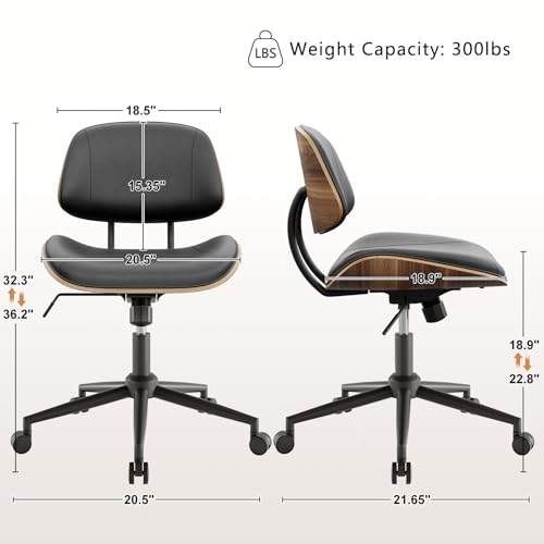 Image of Armless Office Chair with Wheels, PU Leather Adjustable Height Desk Chair - 360 Swivel Ergonomic Computer Chair for Small Space, Modern Walnut Style, Home & Meeting Room, Black