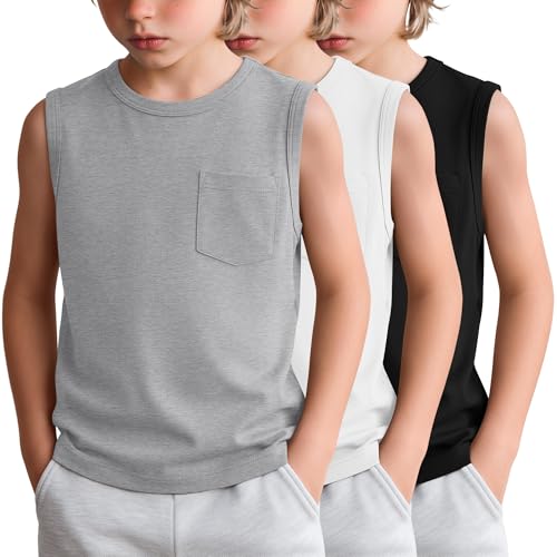 Langyiwee 3 Pack Boy's Tank Tops Sleeveless Crewneck Undershirts Basic Casual Shirts Loose Athletic Summer Tees with Pocket(7-8 Years,Light Gray, White, Black)