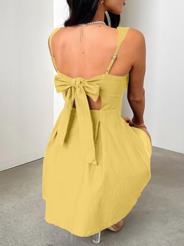 Image of Womens Summer Mini Dress Square Neck Sleeveless Going Out Dress Back Bow A-line HOCO Open Back Short Dress