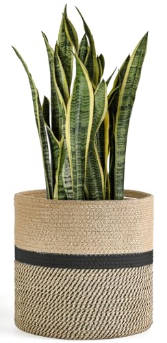 Image of Dahey Jute Rope Plant Basket Modern Woven Storage Basket for 12 inch Indoor Planter, Decorative Flower Pots Cover Laundry Bin with Handle Rustic Home Decor, Black