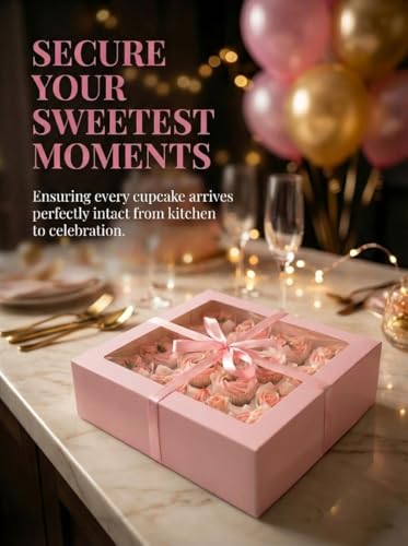Image of Bakepacker Auto-pop Up Cupcake Boxes with Window Pink 40PCS 12 Count Cupcake Box 13 inchx10 inchx3.5 inch Cupcakes Carrier, 12 Cupcake Containers with 2 rolls of pink ribbons