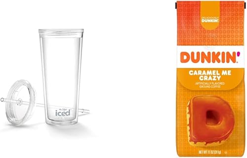 Mr. Coffee Vaso de café helado, 22 onzas, con tapa y pajita, café molido con sabor a caramelo claro y Dunkin' Caramel Me Low, 11 onzas