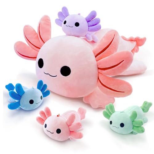 Image of Axolotl Plush，Cute Axolotl Mommy Stuffed Animal with 4 Baby Axolotl Plushies in Tummy，Kawaii Axolotl Plush Toy Gift for Kids Girls Boys