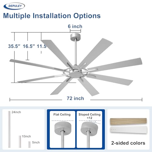 Image of Depuley Ceiling Fan Without Light: 72 Inch Big Indoor Outdoor Fan with Remote APP Control - Silver Wood Grain Large Ceiling Fan no Light 8 Blade Reversible Quiet DC Motor Memory Function Timer