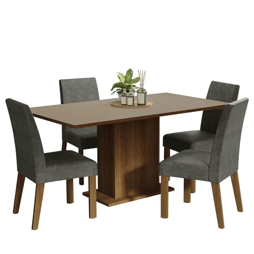 Image of Madesa 4 Seater Dining Set with Fully Cushioned Rectangular Table Top, Sturdy Wooden 160 Cm for Dining Room and Kitchen - Brown /Beige /Grey