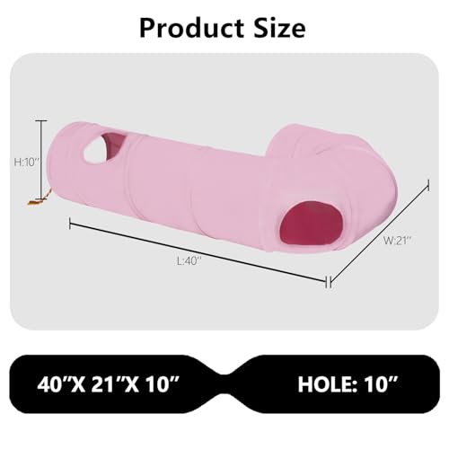 Image of Cat Tunnel, 2-Way Collapsible Cat Tube with Interactive Peek-A-Boo Hole, Toy Ball, and Rope - Ideal for Indoor Cats, Kittens, and Rabbits (Pink)