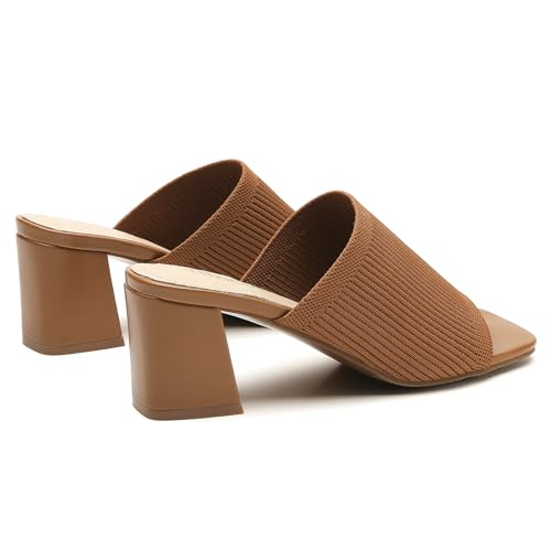 Image of Tilocow Knit Heeled Sandals for Women Square Open Toe Heeled Mules Chunky Block Low Heel Slip On Slides