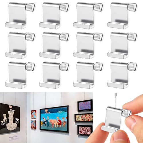 Image of Hicarer 12 Pcs Adjustable Hooks for Gallery Picture Hanging System Picture Rail Hooks Hangers for Exhibition Art Gallery Supplies (Press-Adjustable)