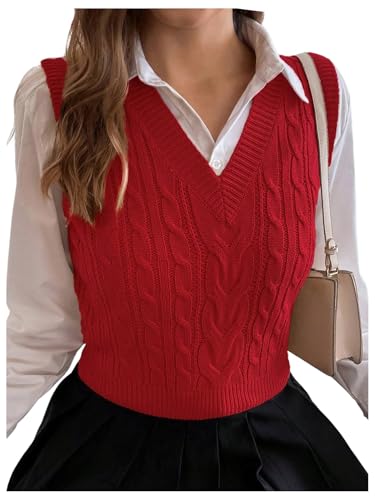 Milumia Women's Cable Knit V Neck Sweater Vest Sleeveless Ribbed Crop Tank Top Red Medium
