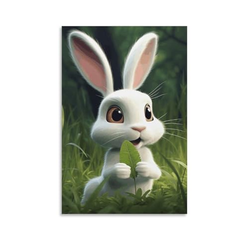Poster petit lapin blanc tenant des feuilles - Tableau toile déco de bureau