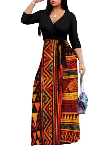Image of PinkPatty Plus Size Maxi Dresses for Women Casual Flowy Long Dress 3 /4 Sleeve V Neck Wrap Dress with Belt