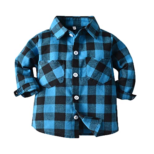 Toddler Baby Boy Girl Hooded Coat Outwear Long Sleeve Button Down Plaid Shirts Casual Jacket (Light Blue, 3-6 Months)