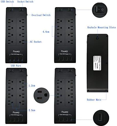 Surge Protector Power Strip Socket 8 Outlets with 4 USB Smart Charging Port and 7.1-Foot Long Power Cord -Powerjc